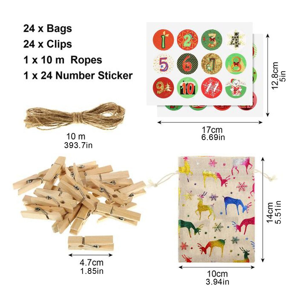 24Pcs Kerst Cadeau Zakken 10X14Cm Festival Verpakking Linnen Zakken Xmas Tree House Decor Hanger Zak Touw clip Stickers Set: Default Title