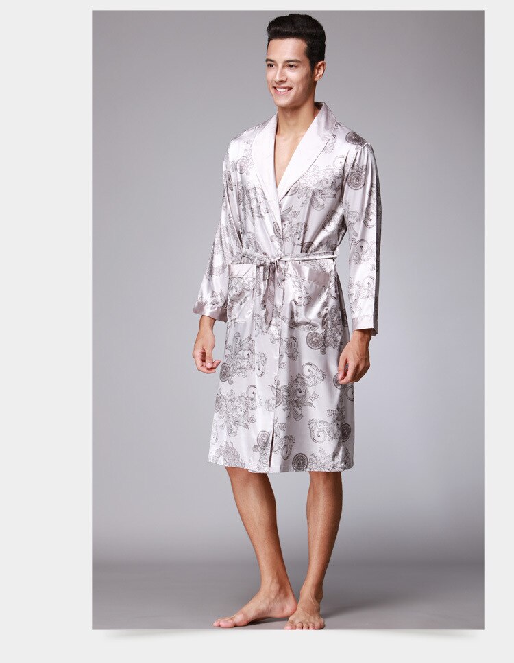 Albornoz de seda para hombre, Kimono de manga larga, pijama con estampado de Dragón de la suerte chino, ropa de dormir para el hogar