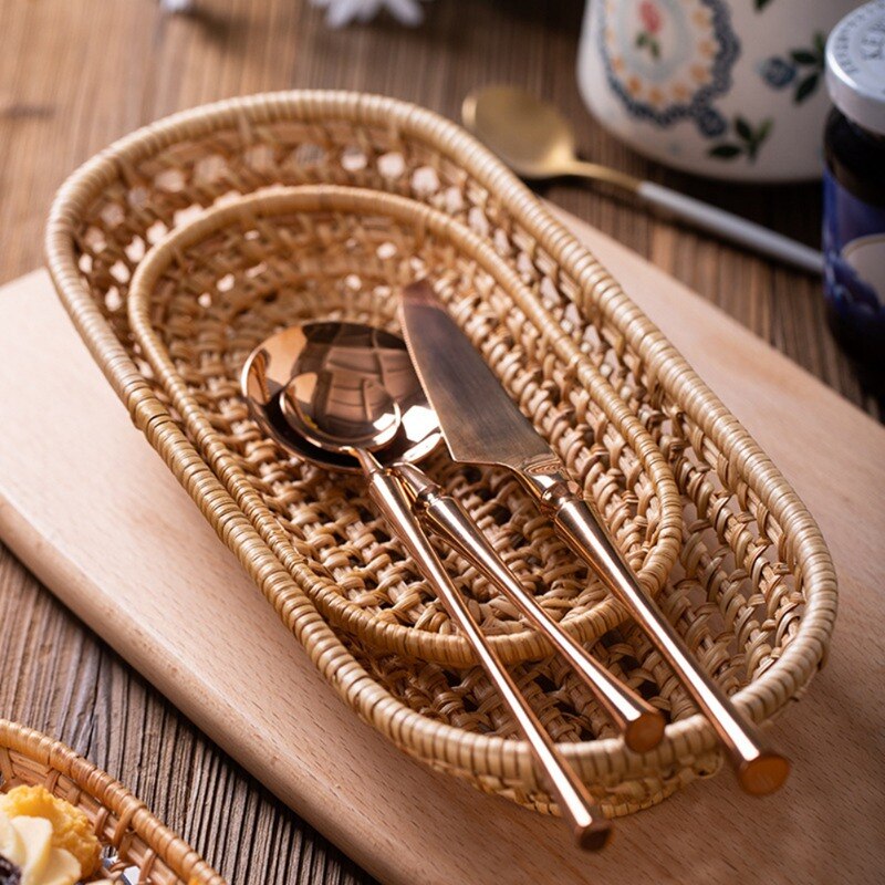 Rattan Storage Tray Basket with Handle Hand-Woven Rattan Tray Wicker Basket Bread Fruit Food Breakfast Display