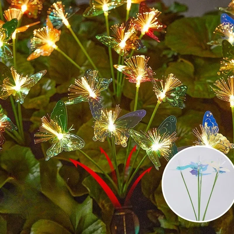Solcellsdriven fjärilsfiberoptisk blomma led-sollampor utomhus bröllopsfestdekor trädgårdskrans gräsmatta lampa för gård uteplatsdekor