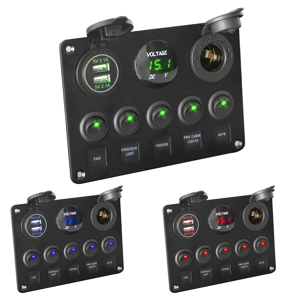 12V Waterproof Digital Voltmeter Dual USB Port Outlet Combination Car Marine Boat LED Rocker Switch Panel