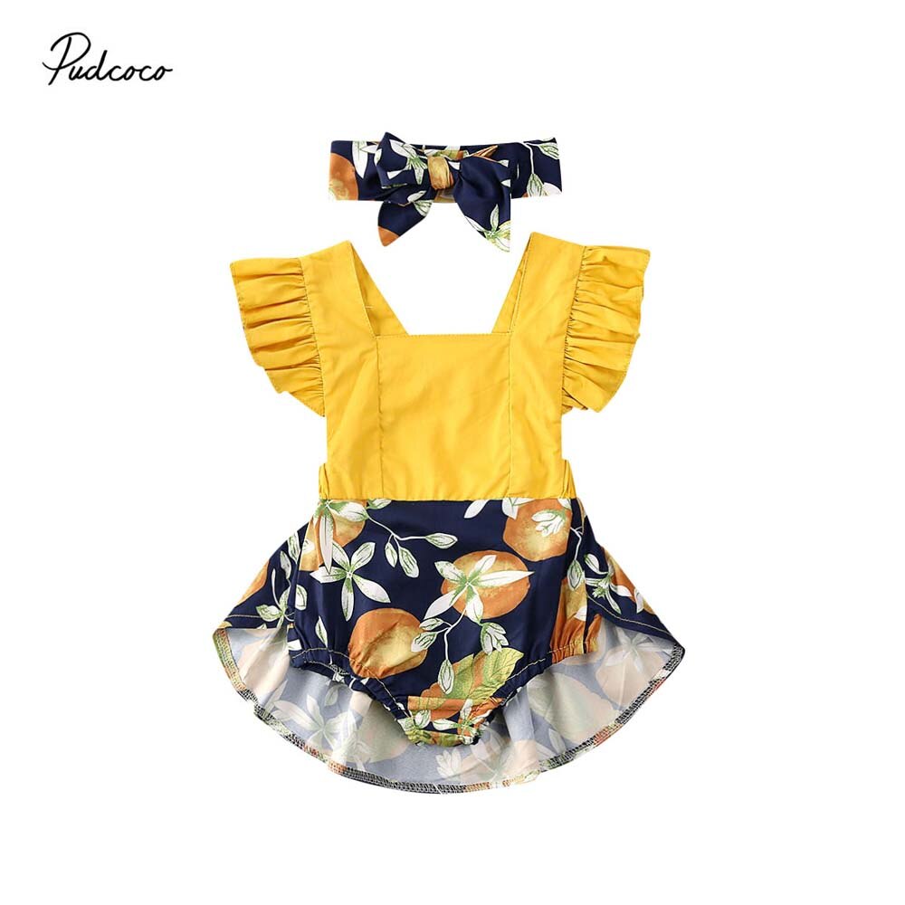 Baby Summer Clothing Baby Girl Lemon Print Ruffle Romper Dress Headband Outfit Lemon Print Clothes Set Sunsuit
