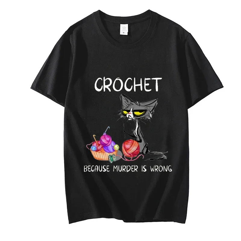 Häkeln, weil Mord falsch ist, Einstellung Katze Frauen T-Shirt Sommer T-Shirt lässig Kurzarm Kleidung ästhetische Kleidung Spitzen: XXL / Schwarz