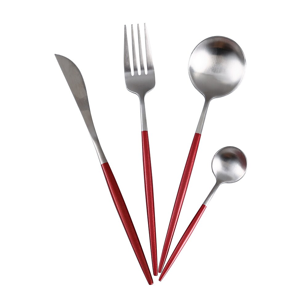 Blanc argent acier inoxydable ensemble de couverts couteau cuillère fourchette cuisine vaisselle Steak couverts maison vaisselle haut de gamme Service de dîner: red silver