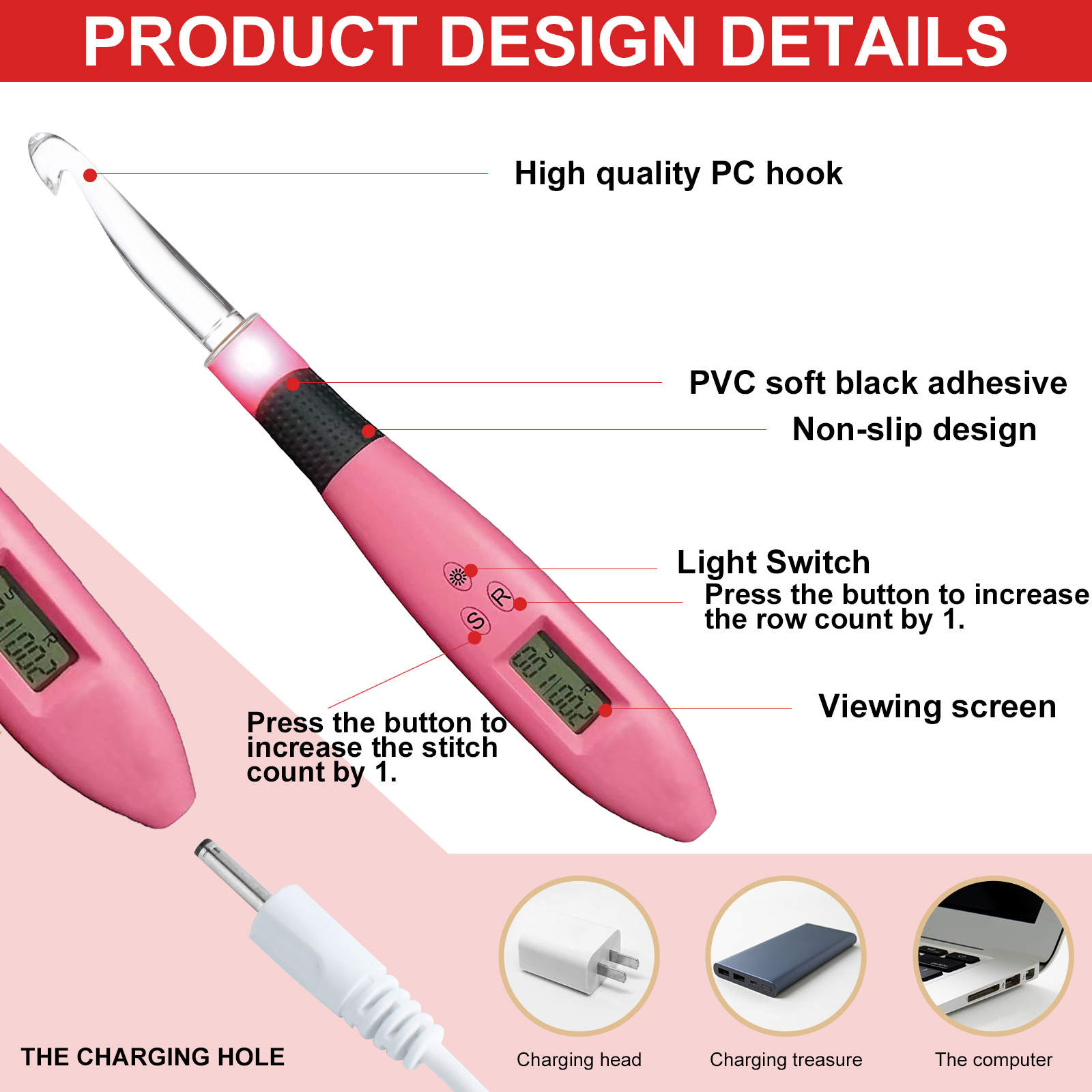 17 piece crochet set with counter, ergonomic knitting needle set, with LED light and row number counter knitting hook DIY