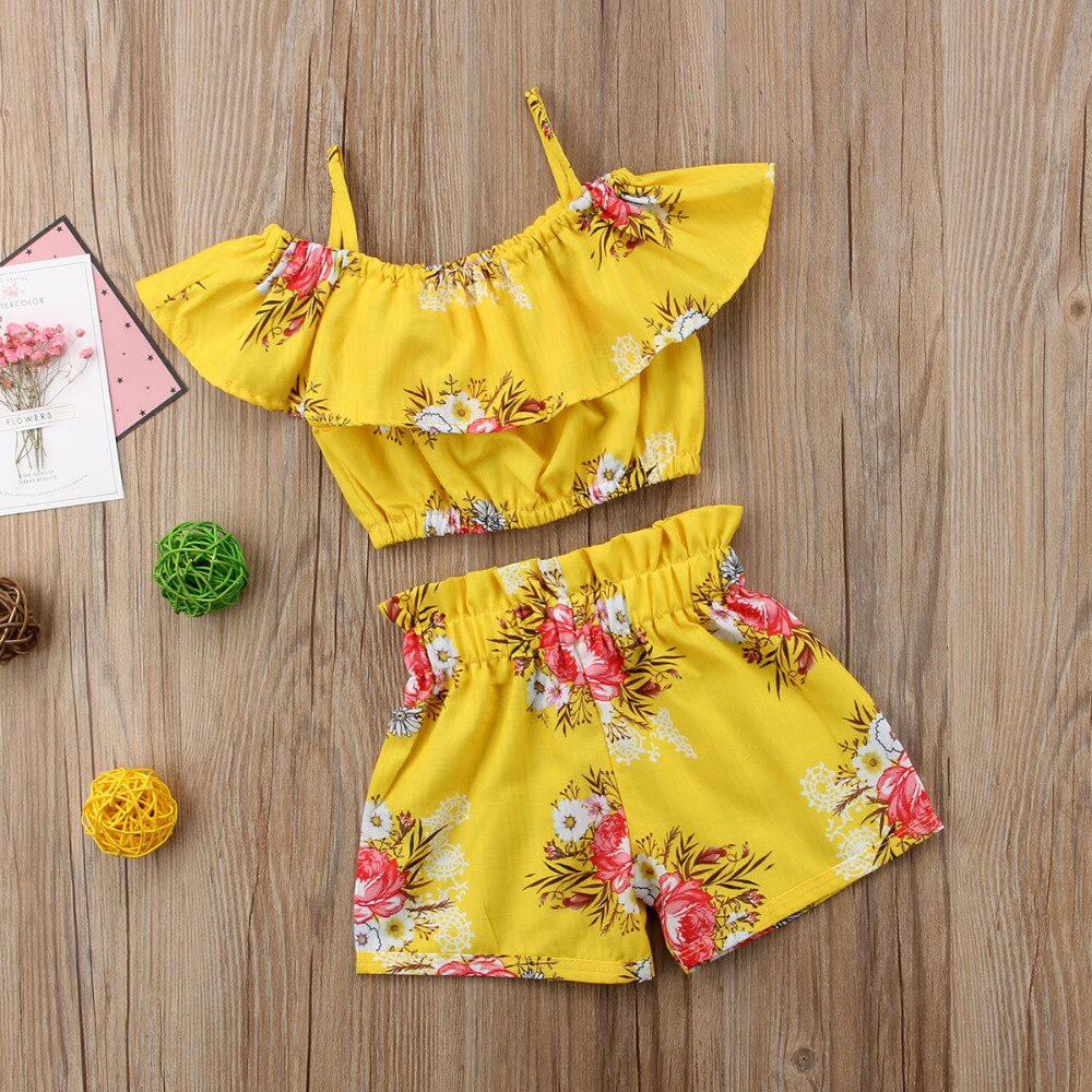 Kid Girls Summer Clothing Set Off Shoulder Floral Top + High Wait shorts 2Pcs Clothing Set