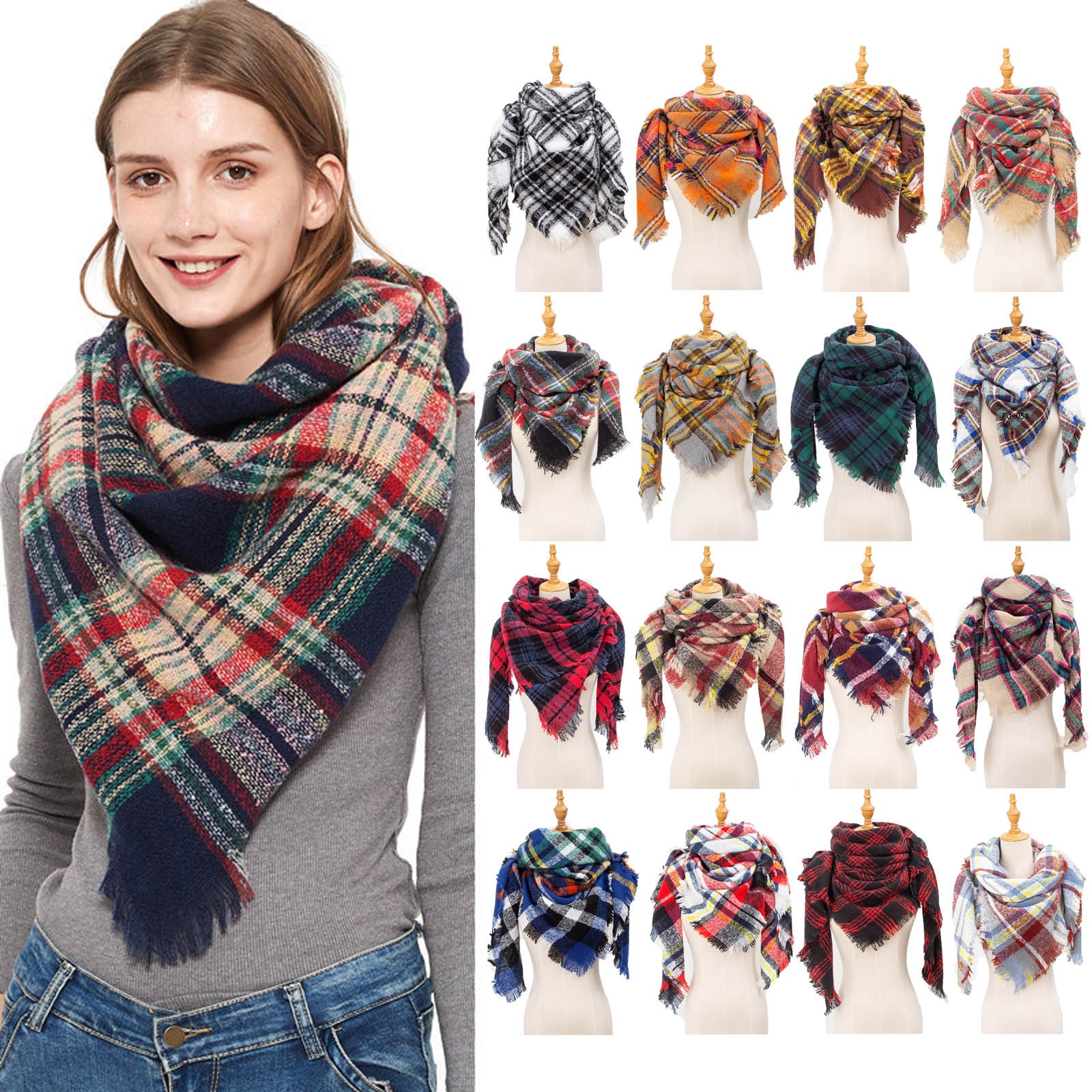 Womens Warm Long Shawl Wraps Large Scarves Knit Cashmere Tassel Plaid Scarf winter hijab scarf