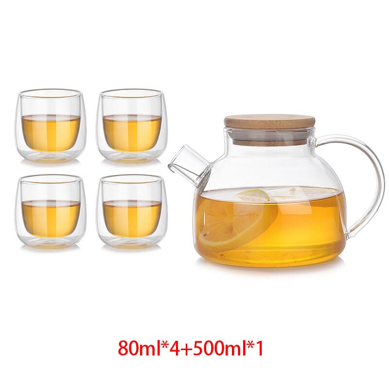 Tea Pot Set Heat Resistant Glass Tea Water Pot With Wooden Cover Coffee Tea Heating Cold Kettle Cup Tea Set: 4pcs cup teapot