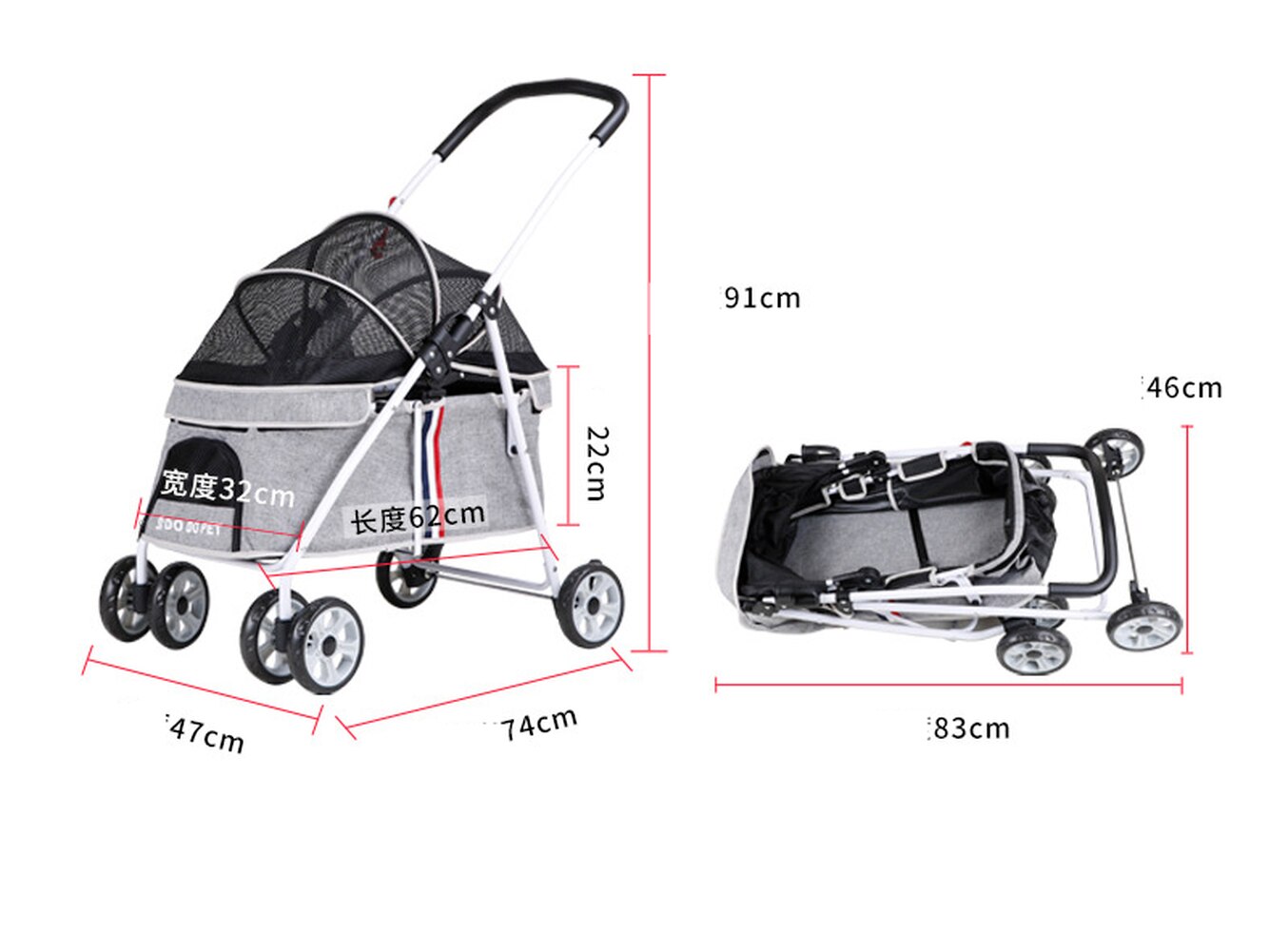 Hond Wandelwagen 4 Wiel Voorwiel 360 ° Rotatie Achterwiel Met Rem Voor Uitje Vouwen Eenvoudig Te Monteren Belasting capaciteit 20Kg