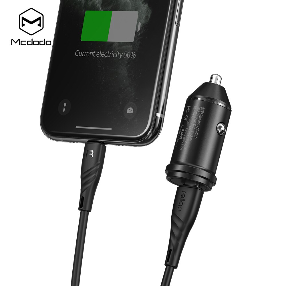 MCDODO-cargador de coche para IPhone, 18W, tipo C, PD, carga rápida