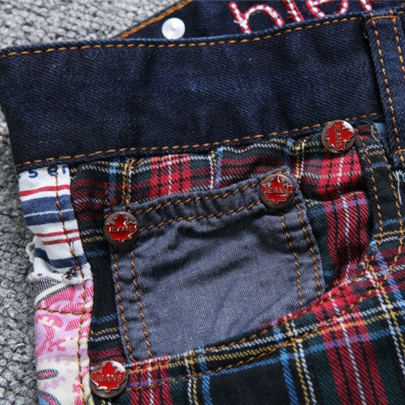 Farverige splejsede jeans mænd denim buksemærke slim fit jeans casual show denim joggers macacao masculino jeans