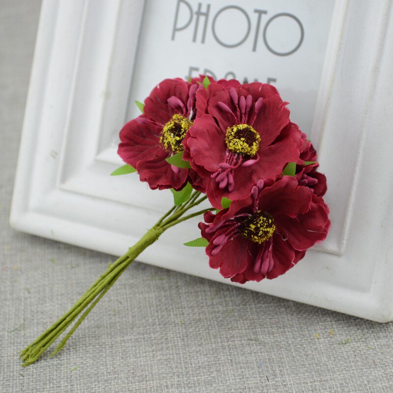 6 Stks/partij Cherry Blossom Kunstbloemen Trouwauto Vaas Voor Thuis Decoratie Bruid Boeket Handgemaakte Zijden Planten: Red wine