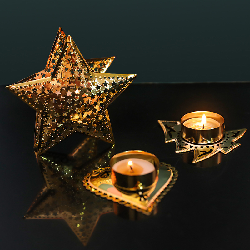 Goldener, bezaubernder, ausgehöhlter Stern-Kerzenhalter, Weihnachtsbaum, Metall-Kerzenständer, Candlelight-Dinner, Weihnachtsatmosphäre, Dekoration