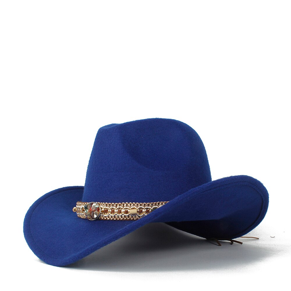 Sombrero de lana ahuecado para hombres y mujeres, Sombrero de cowboy del Oeste, ala enrollable para mujer, Sombrero negro para Hombre, gorra de Jazz, talla 56-58: Blue
