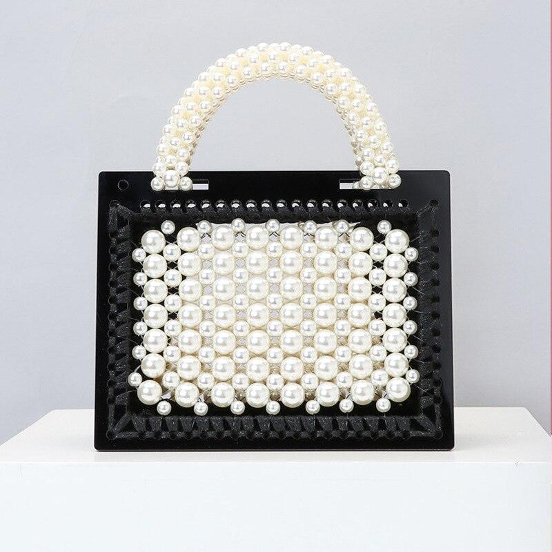 Luxury Acrylic Pearl Evening Clutch Bags Women Handmade Beaded Clear Purses And Handbags Ladies Woven Shoulder Bag Wedding Party: Model A Black