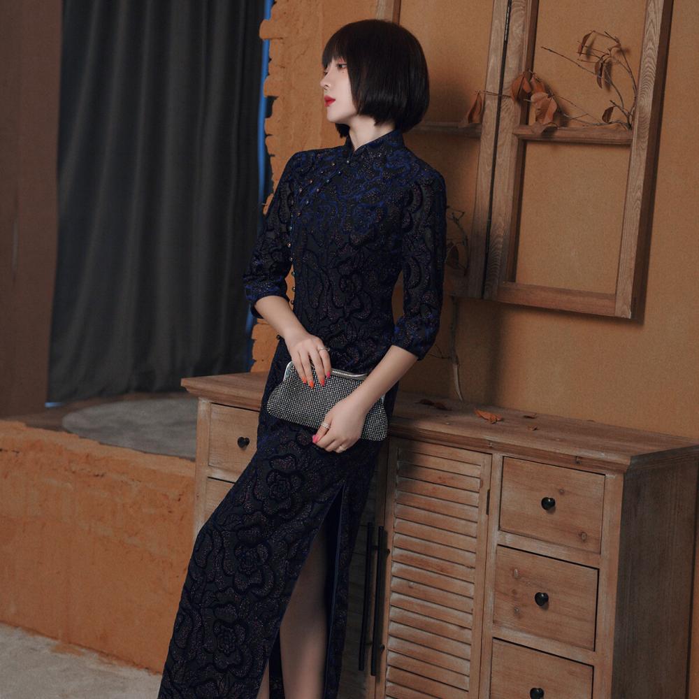 Oriental Long Dress Traditional Chinese Velvet Cheongsam Winter Qipao Dresses Cheongsams Velour Qi Pao