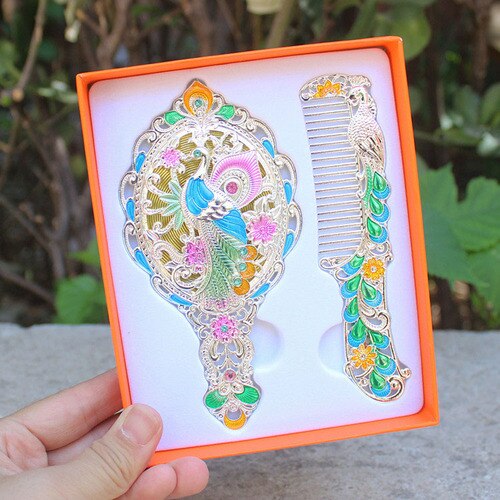 Travel retro makeup handle mirror comb set simple portable dormitory decor student mirror Peacock mirror LB41613: 9