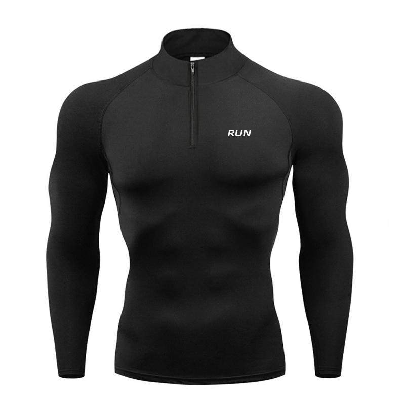 Kompression Enge Fitness Langarm Hemden Herbst schnell trocken Polos Fitnessstudio Bodybuilding Kleidung Herren Sport Trainning Polo Hemden: L / Schwarz