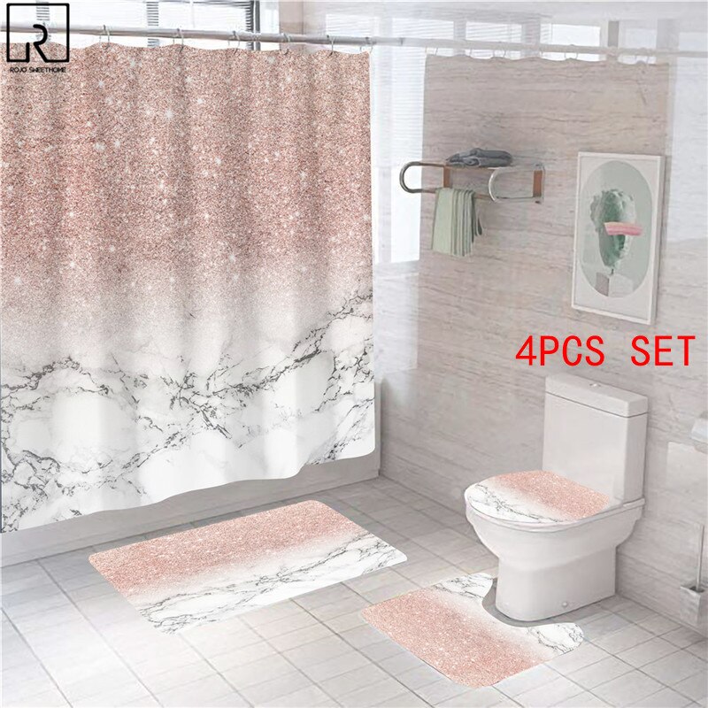 Rideaux de douche en marbre rose, décor brillant pour salle de bain, tissu en Polyester, couverture de toilette, tapis, accessoires de WC: 4PCS SET-B