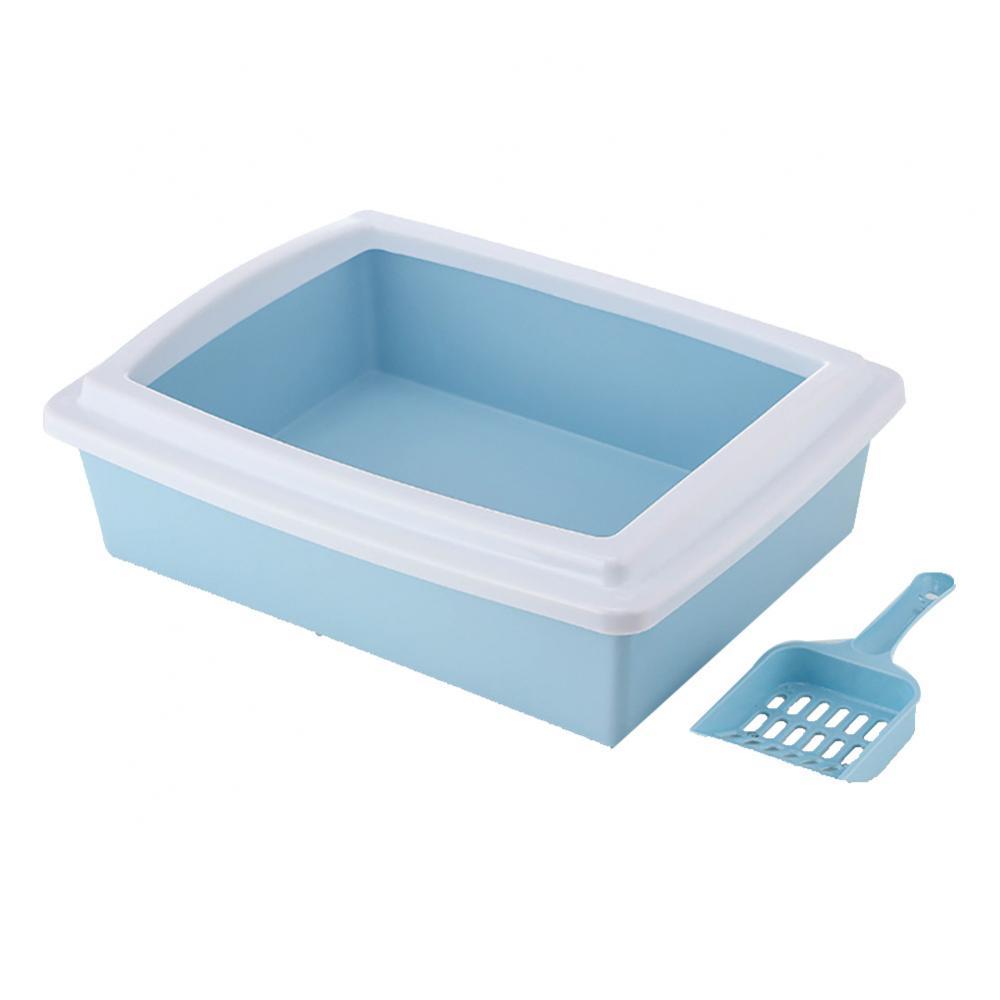 Rectangle Semi-Closed Anti-Splash Pet Cat Litter Box Case Toilet Tray with Scoop: Blue