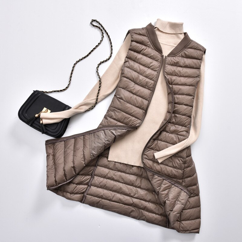 Schinteon Femmes Ultra Léger Vers Le Bas Gilet décontracté Baseball Longue Mince Gilet Automne Hiver Fond Gilet nouveauté: Khaki / L