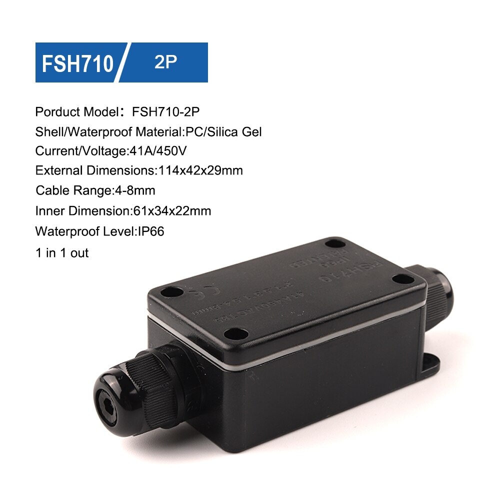 2/3 Pin IP66 Outdoor Waterproof Cable Connector 41A/450V Junction Box With Terminal Wire Connection: FSH710-2P
