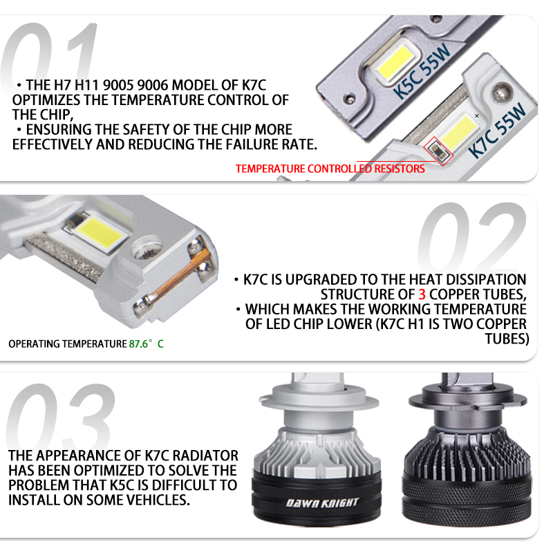 DAWNKNIGHT K7C 4300 K H7 H4 H11 Led Lamp 3 Koperen Buis Led Verlichting Voor Auto H1 HB3 9005 HB4 9006 12 V Led Koplamp Lamp