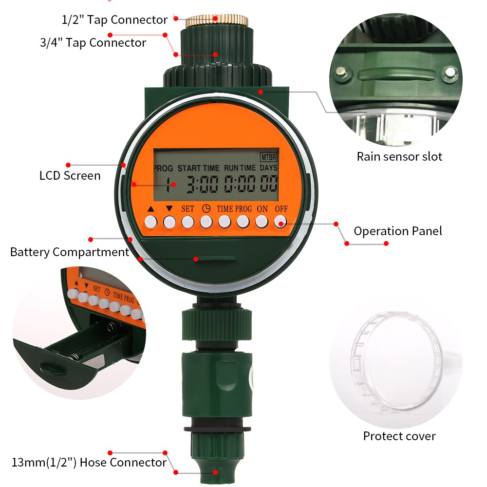 Garden Irrigation Digital Watering Timer Outlet Programmable Hose Faucet Timer With Rain Sensor 3/4" 1/2" Tap