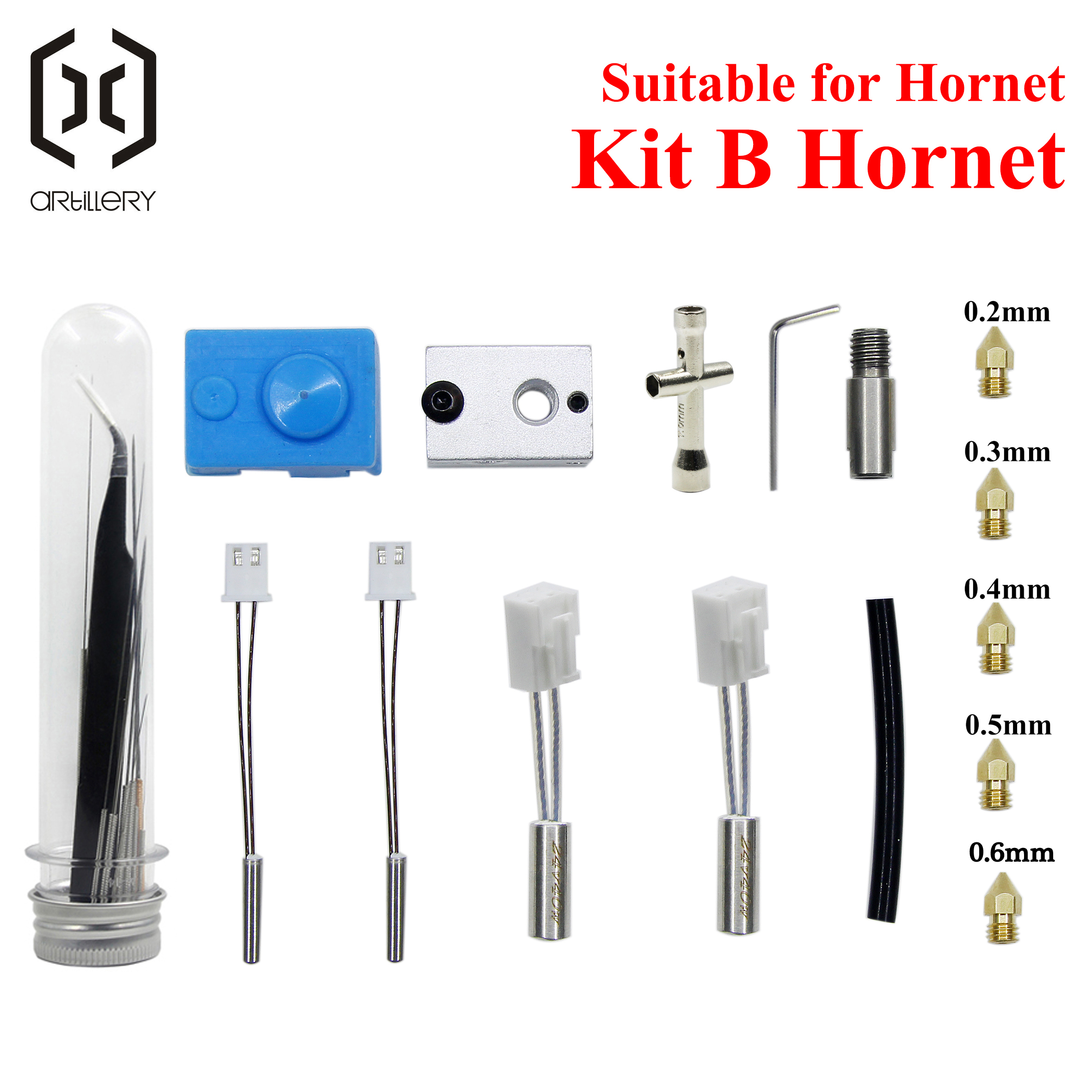 The 3D printer Artillery Extruder Hornet silicone nozzle kit heating block throat heat pipe and thermistor idler arm support