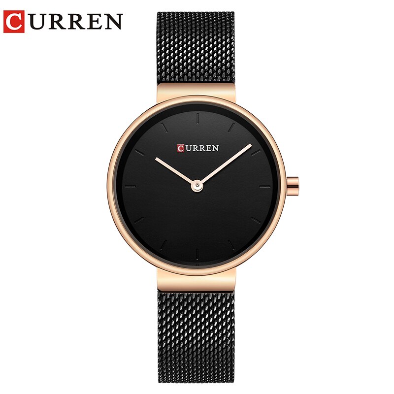 Curren casual eenvoudig quartz dameshorloge populair dameshorloge roestvrij staal montre femme relogio feminino: Zwart