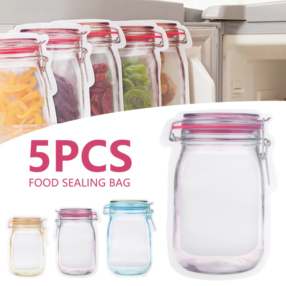 5pcs Reusable Mason Jar Bottles Bags Nuts Candy Cookies Bag Seal Fresh Food Storage Bag Snacks Zipper Sealed Kitchen Organizer