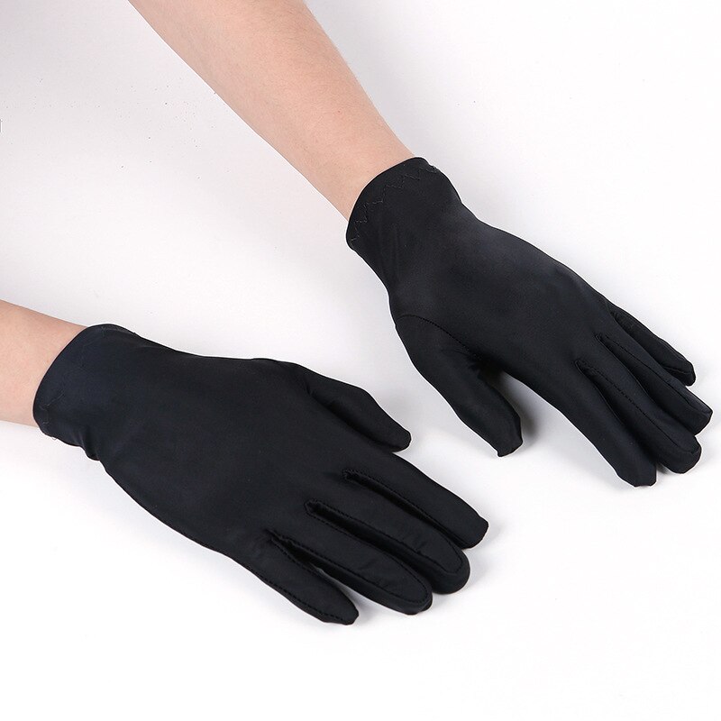 1 par solbeskyttelseshandsker forår sommer kvinder sort hvid etikette stretch tynd handske tæt kørehandsker smykker handske: Sort
