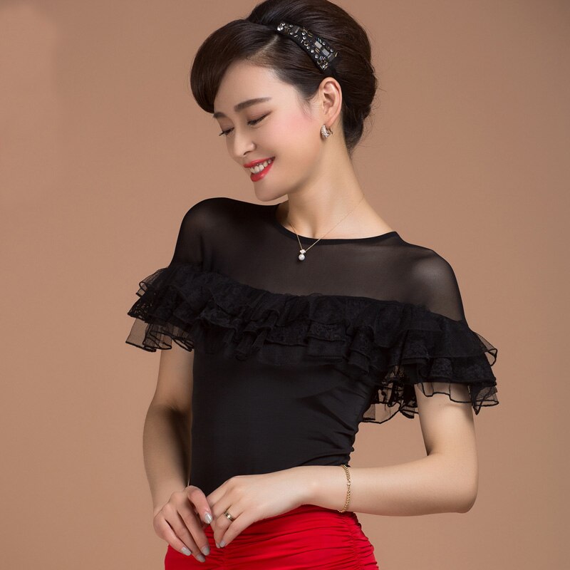 salón de baile moderno de de manga corta ropa de baile latino top para mujer/chica/señora, ropa de gasa