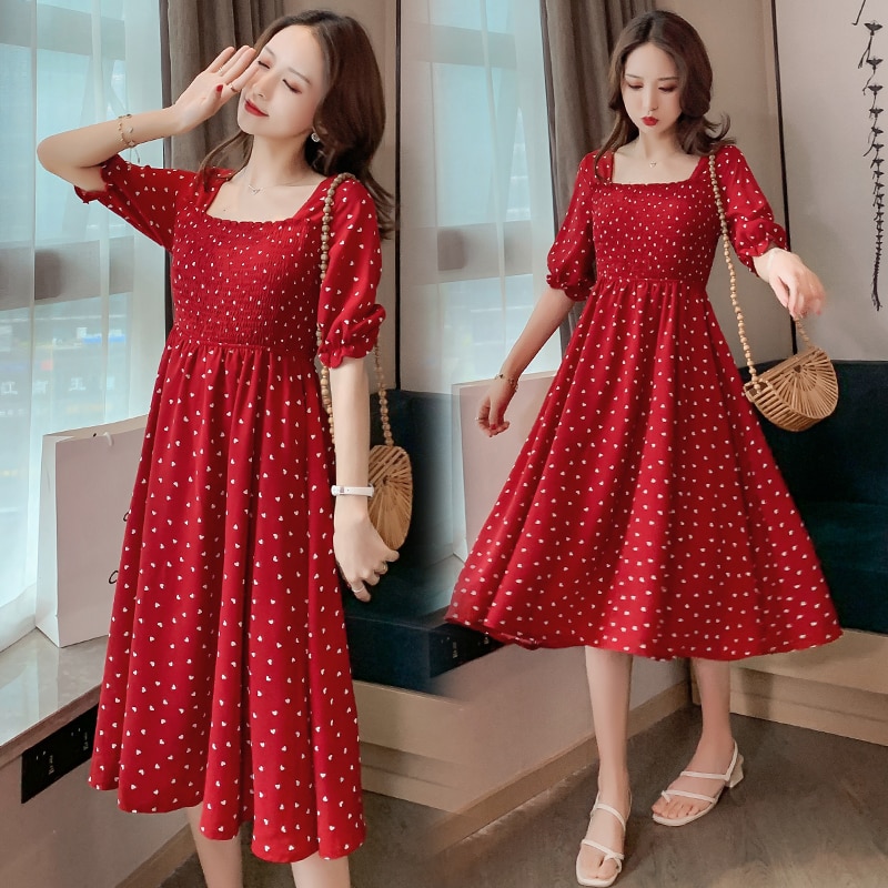 8012 # Zomer Koreaanse Mode Moederschap Lange Jurk Elegante Slanke Charmante Kleding Voor Zwangere Vrouwen Wine Red Dot Zwangerschap