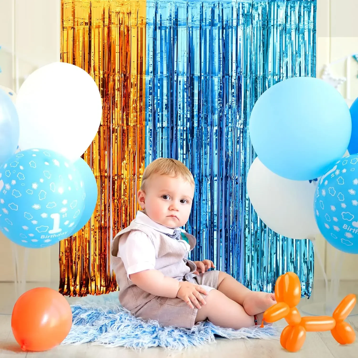 Cortinas con flecos de aluminio para perro, suministros para de cumpleaños, telón de fondo para tema de sirena bajo el mar, decoración de de revelación de género, color naranja y azul