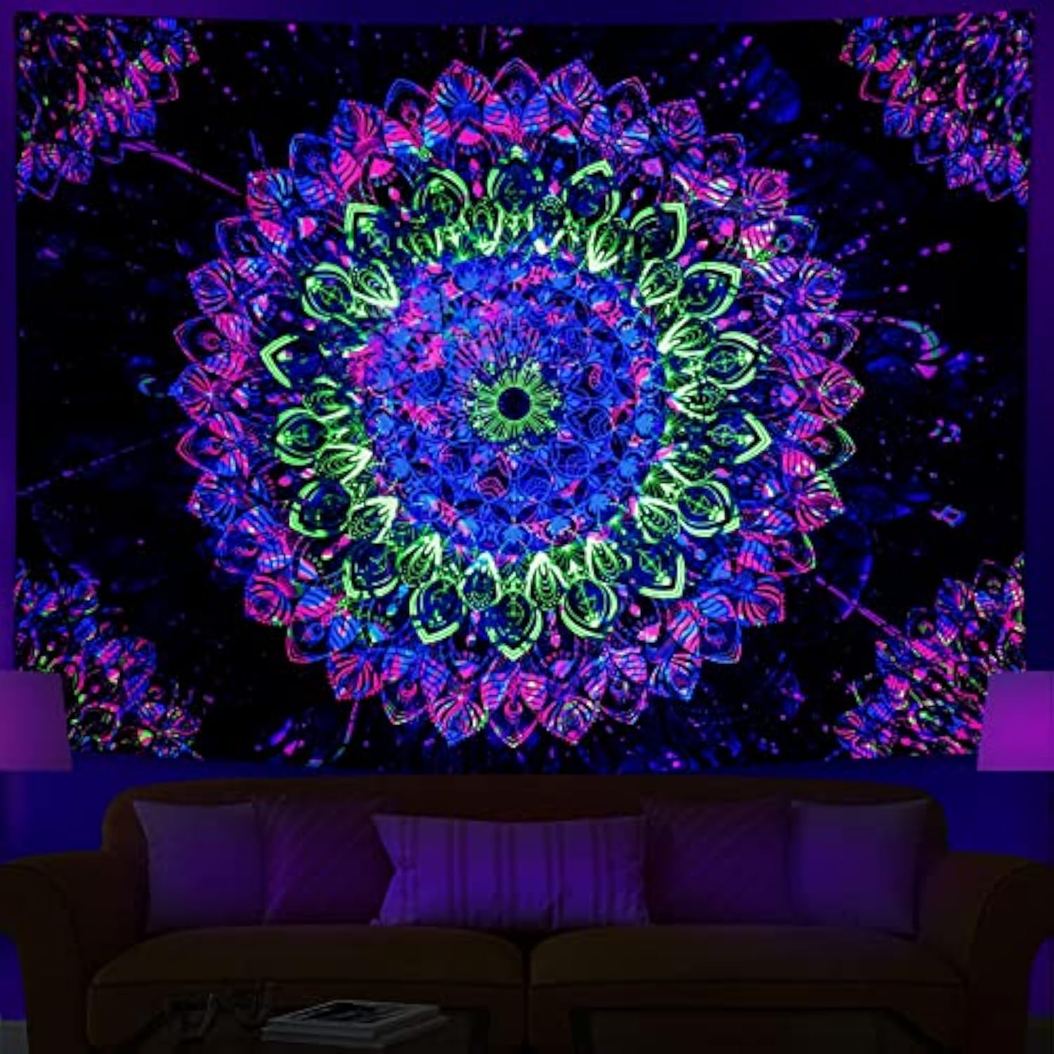 Tapiz de luz negra UV estrellada con Mandala bohemio, decoración de pared fluorescente brillante, adecuado para dormitorio, sala de estar y dormitorio: 1.200 mm x 1.7000 mm / Color