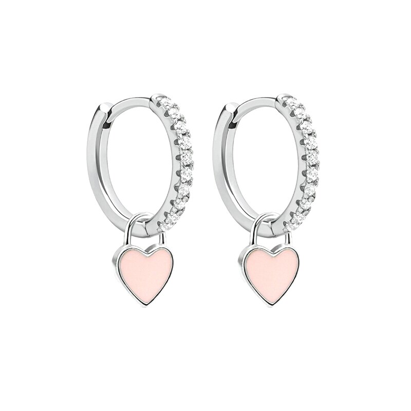 GS 925 Sterling Silver Hoop Earrings With Cute Candy Neon Color Enamel Heart Charm Earring Gold Silver Color For Girls: silver-pink