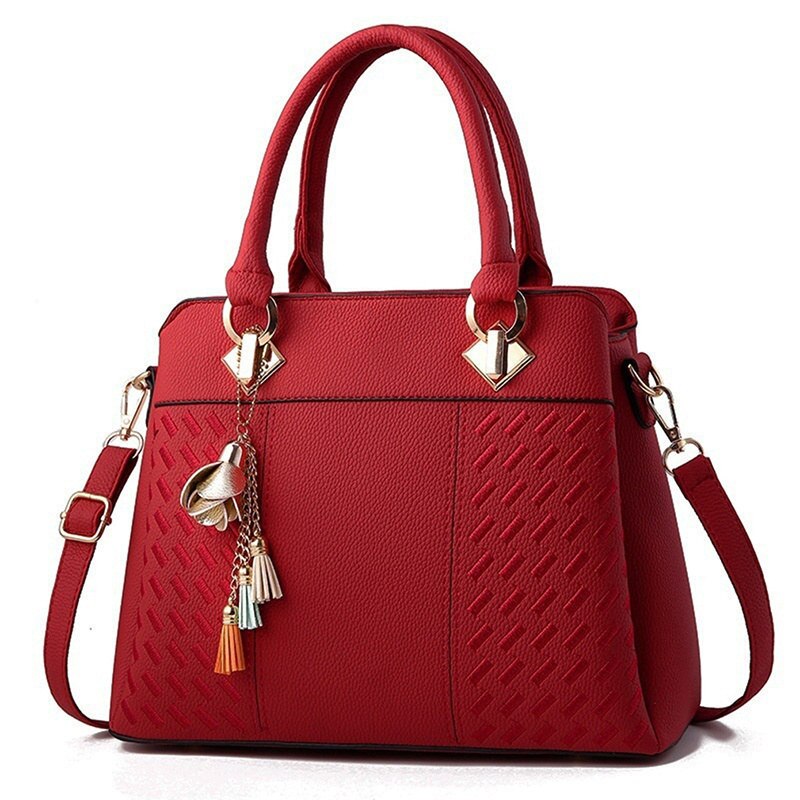 Women Handbags Tassel PU Leather Totes Bag Top-handle Embroidery Crossbody Bag Shoulder Bag Lady Simple Style Hand Bags: Burgundy