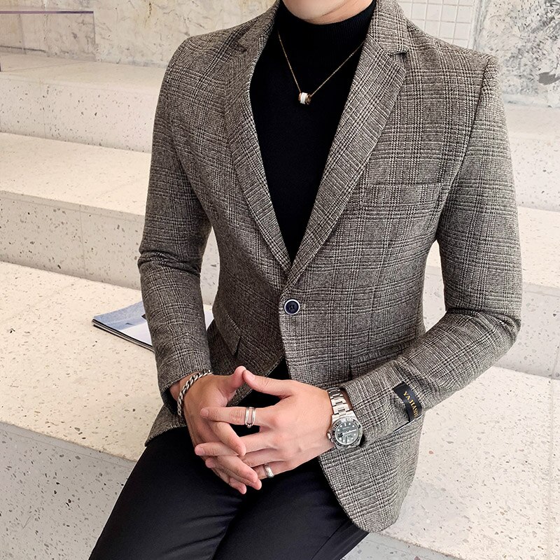 Business Casual Blazers Masculino Grey Patchwork Blazer Mannen Slim Fit Stijlvolle Plaid Blazer Homem Terno Masculino Blazer Homme