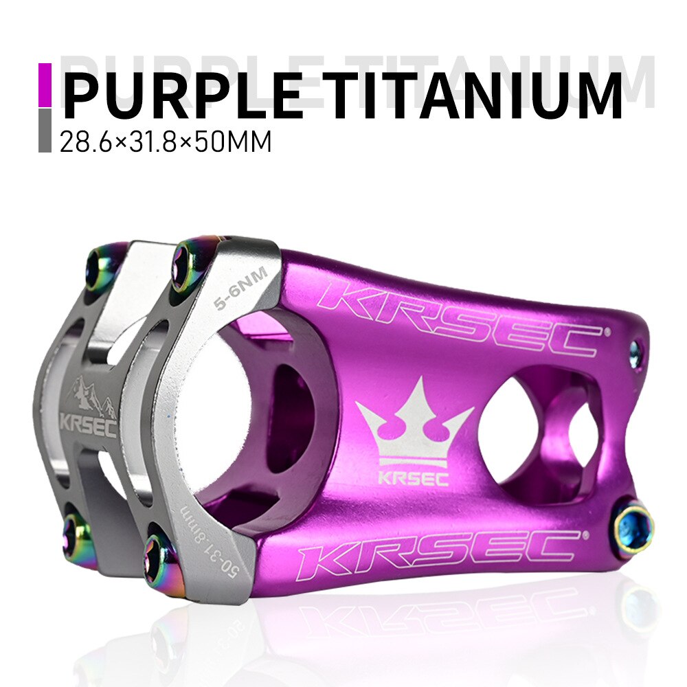 KRSEC bicycle stem mtb stem ultra-light CNC hollow aluminum alloy short stem DH/FR/XC/AM 31.8*28.5*50mm riser bicycle parts: purple and Titanium