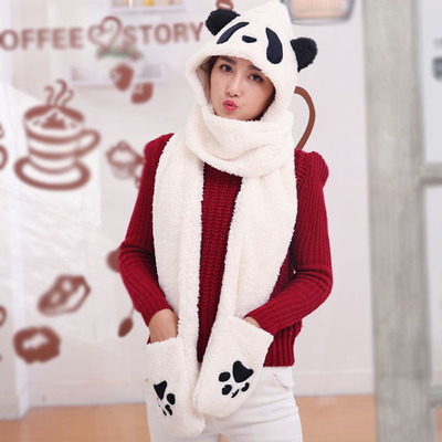 3 in 1 functies dier cartoon koraal fleece sjaal winter mooie panda muts met handschoenen voor kinderen volwassenen kerst: Volwassen blanke