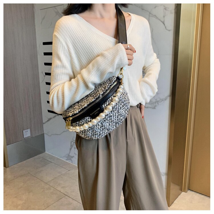 Przyczynowa perła przenośna saszetka na pasek sprawdź dużą pojemność pojedyncza torba na klatkę piersiowa sprawdź drukowanie łańcucha Woolens torba na ramię dla pani