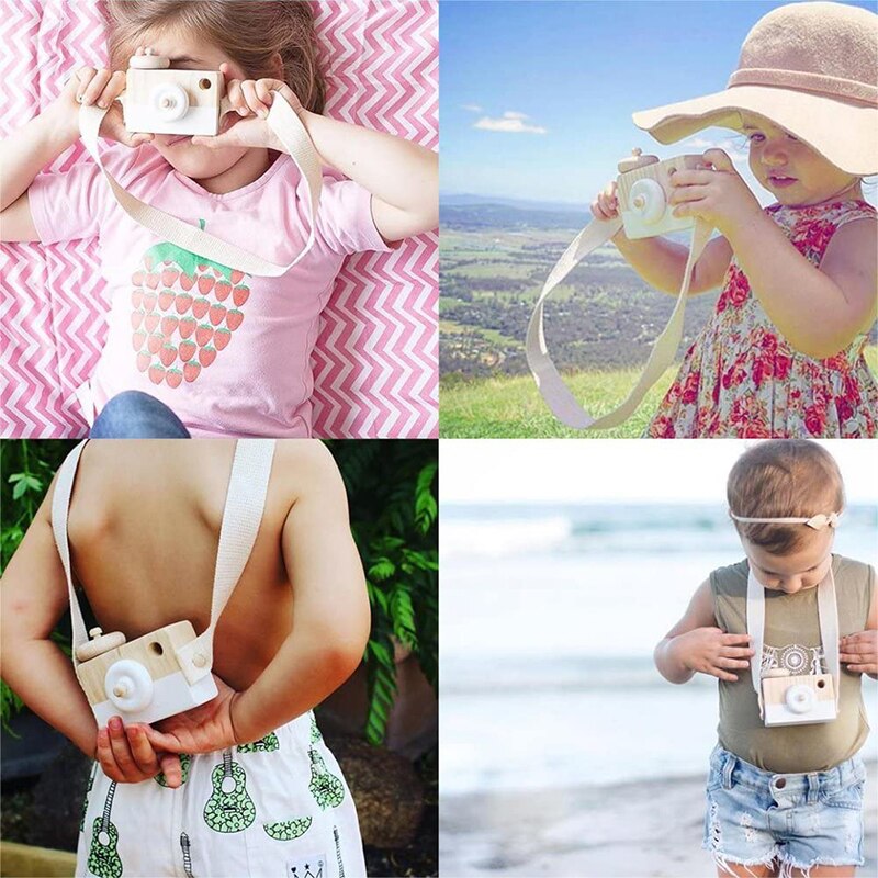 Premium naturligt træ mini kamera legetøj børneværelse hængende indretning træ bærbar baby småbørns legetøj