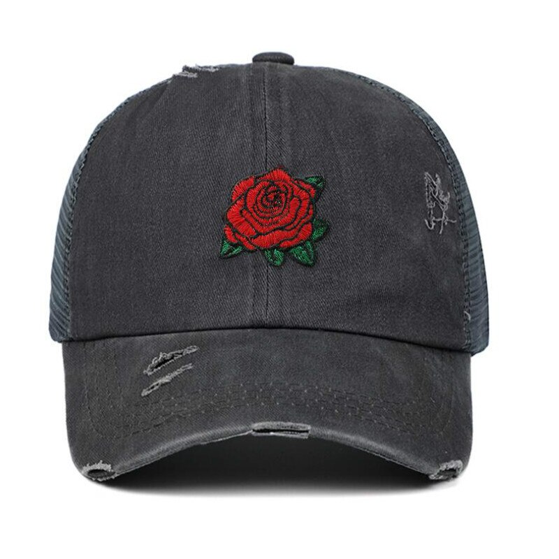 rose distress mesh baseball cap hip hop outdoor sports summer women cap embroidery flower snapback hat cap curved cap: Dark Grey
