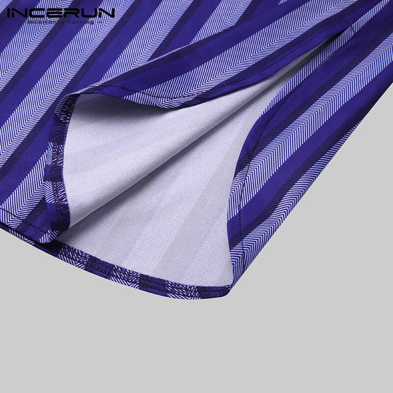 Men Striped Robes Sleepwear Stand Collar Long Sleeve Pockets Bathrobes Leisure Cozy Loose Mens Nightgowns Homewear S-5XL INCERUN