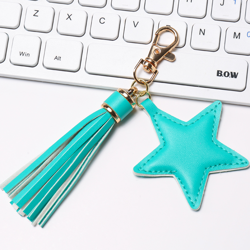 LLavero de borla de cuero PU a la para mujer y niña, colgante de estrella, llaveros con cierre de langosta, accesorios para bolso: Verde