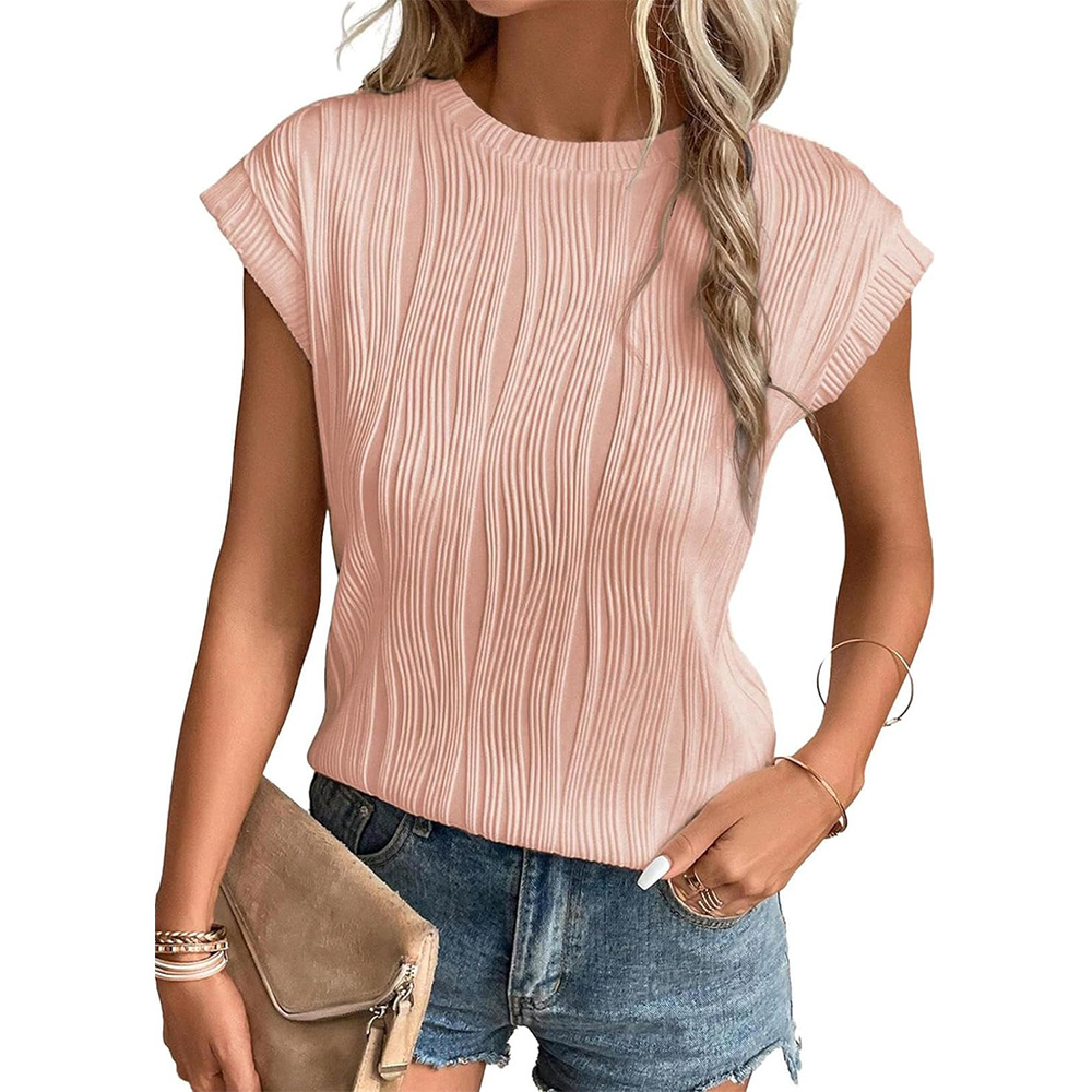 Womens Short Sleeve Textured Tops Crewneck Knit Solid Loose Casual Basic T Shirts Tee Blouses: S / Pink