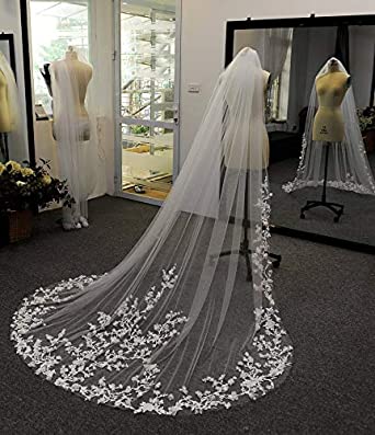 Wedding Veils 3D Flowers Floral Veil 1 Tier Long Cathedral Lace Edge Exquisite Petals Bridal Veils for Bride with Comb