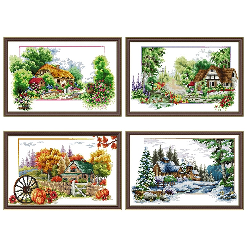 Kit de broderie DMC en toile, couture chinoise, bricolage fait à la main, 14ct 11ct, vue chalet, printemps été automne et hiver