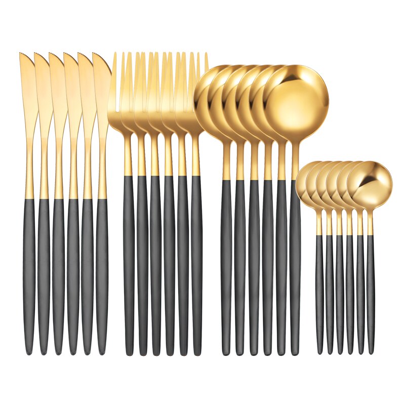 Green Gold 24 Piece Cutlery Cutlery Set Non-fading Cutlery Set Stainless Steel Cutlery Dinner Kitchen Household Knives: 24Pcs Black Gold